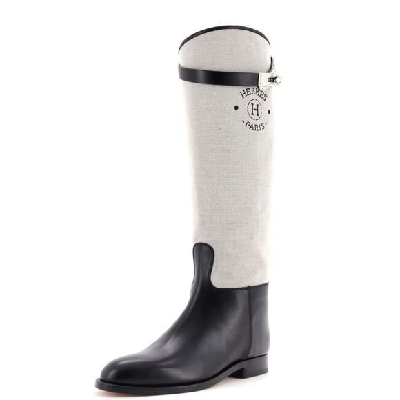 Hermes Women's Jumping Boots Printed Toile and Leather Black, Neutral - Picture 1 of 5